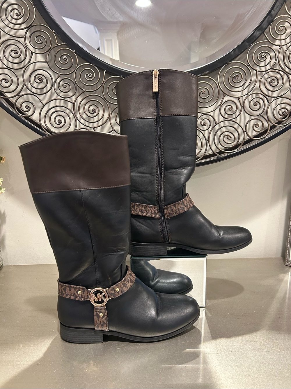 MICHAEL Michael Kors Black and Brown Logo Harness Mid-Calf Riding Boots